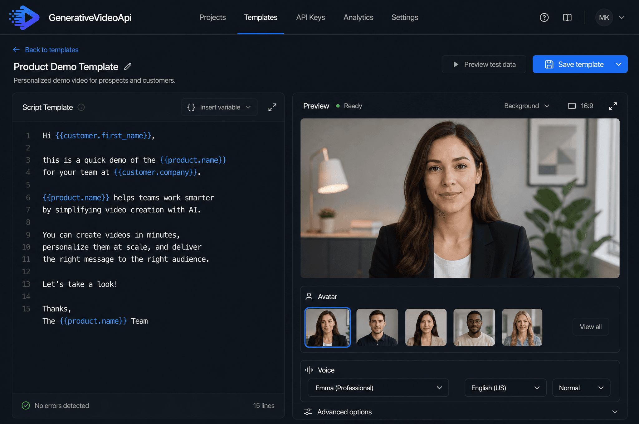 The video template editor in GenerativeVideoApi, showing a dynamic script on one side and an AI avatar preview on the other.
